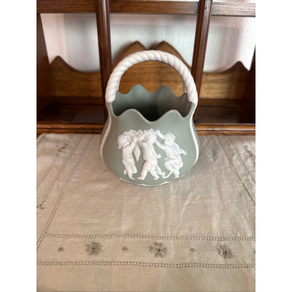 Sage Green Jasperware Style Cherub Basket Scalloped Rope Handle Ceramic Decor